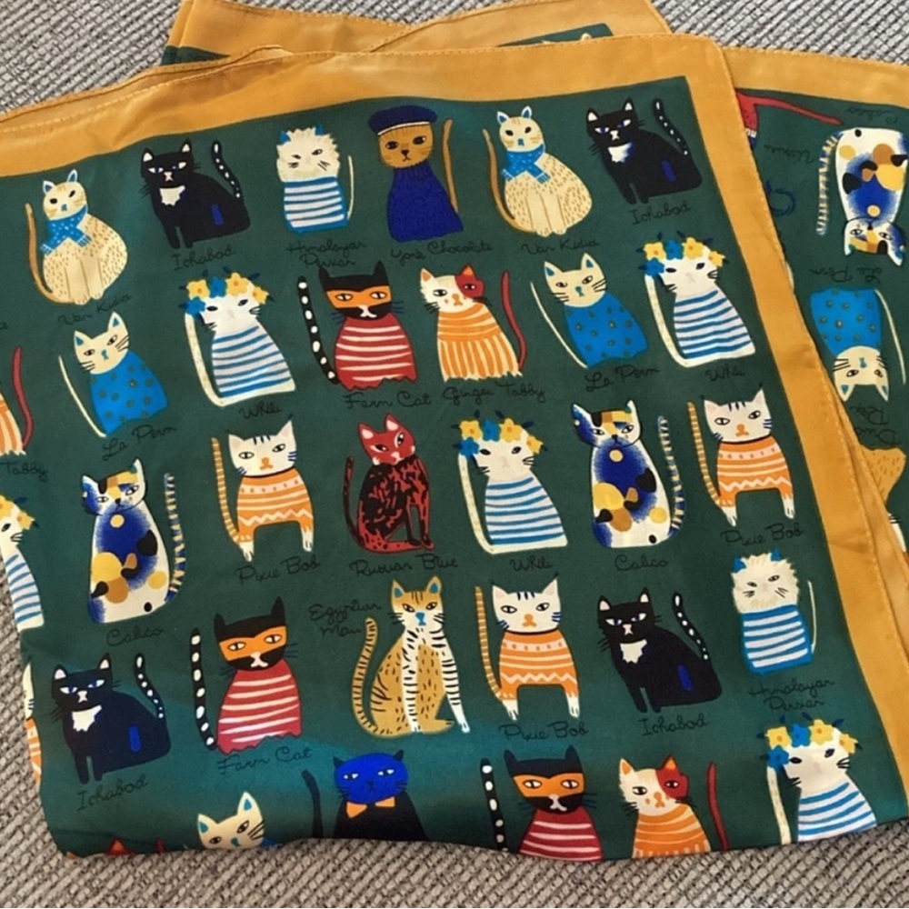 Cat Print Scarf NEW colorful with green background calico York ginger tabby cats
